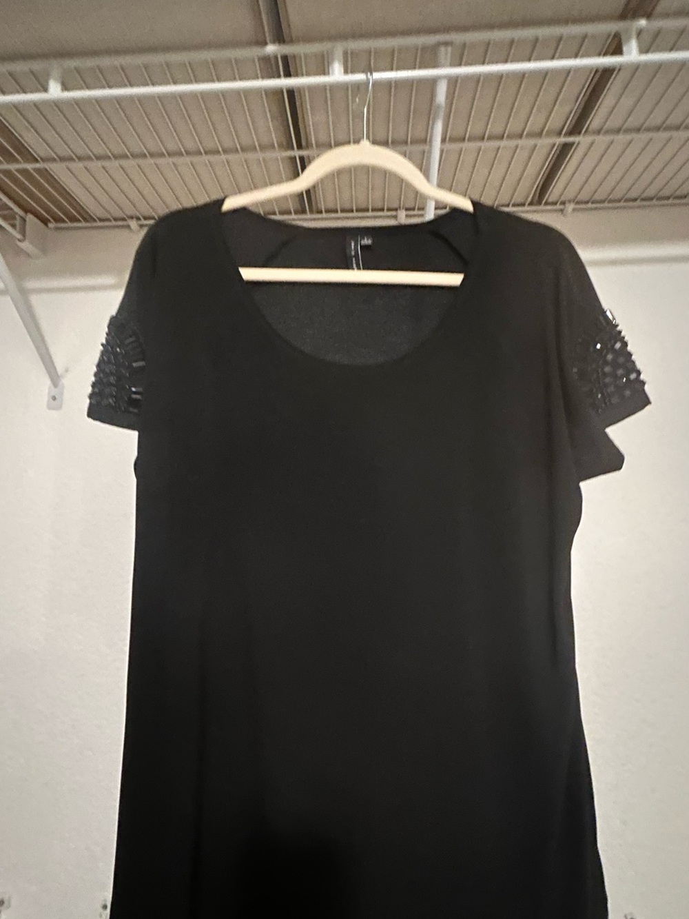 Black Scoop Neck Short Sleeve Top with Embellished Shoulders